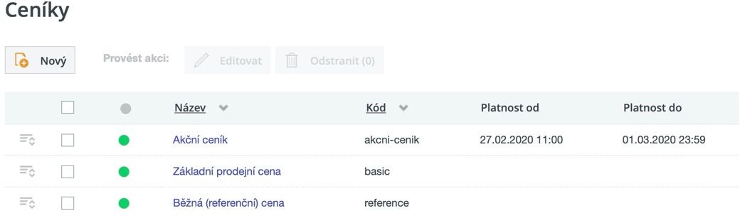 ceníky v CMS pro e-shopy Edee.one