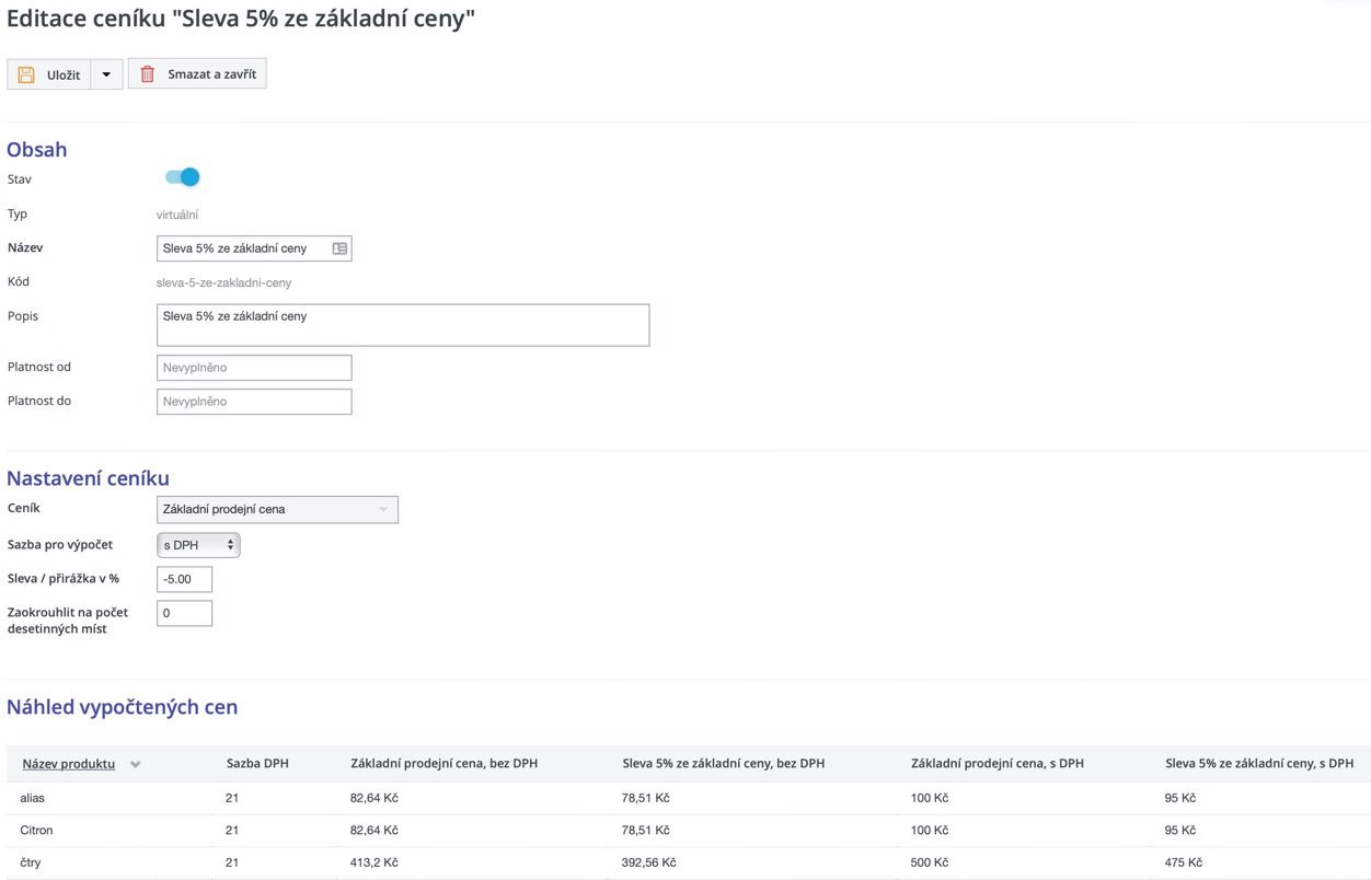 virtuální ceník v CMS pro e-shopy Edee.one