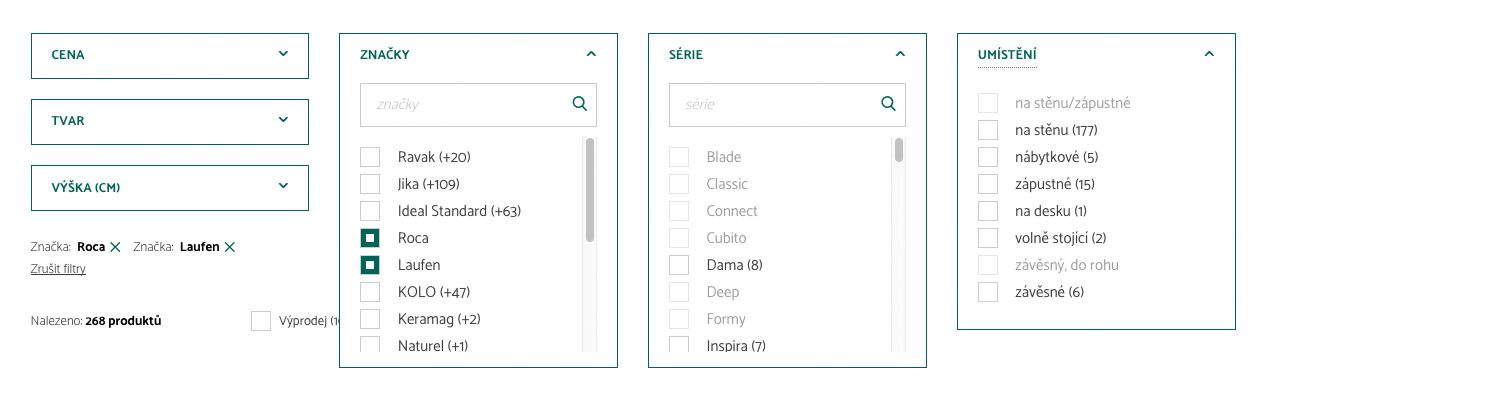 vícekriteriální filtrování - podle značky, typu, místa určení, ceny, tvaru, rozměrů atp. vícekriteriální filtrování - podle značky, typu, místa určení, ceny, tvaru, rozměrů atp.