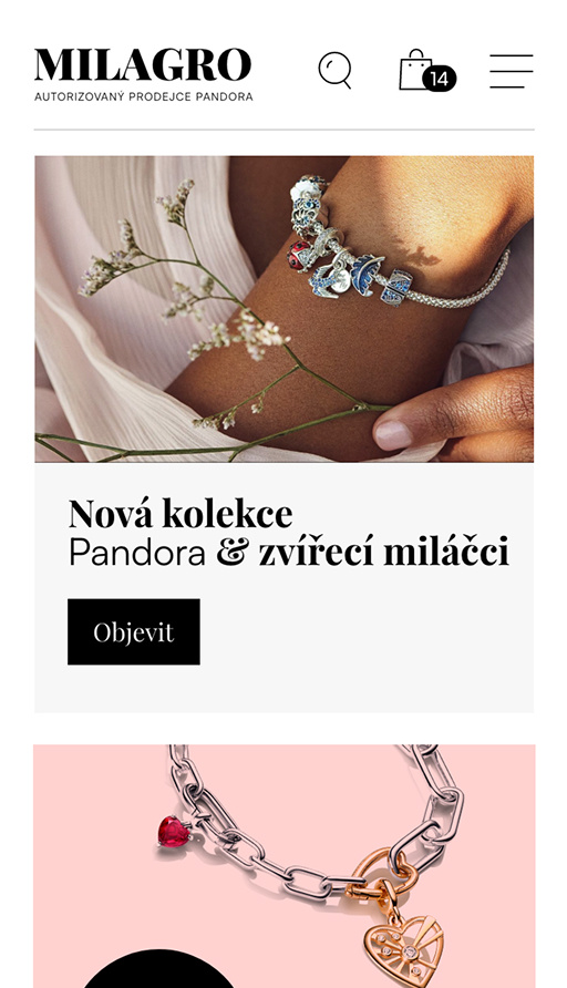Screenshot mobilní verze webu www.milagro.cz